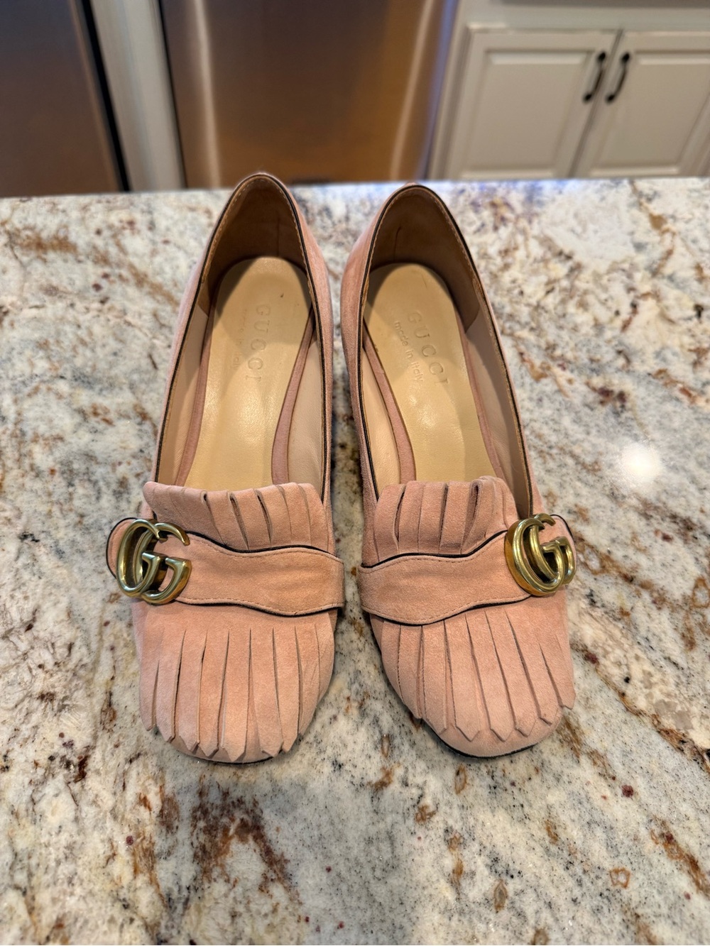 Gucci Pink Suede Fringe Loafers with Gold Double G Hardware